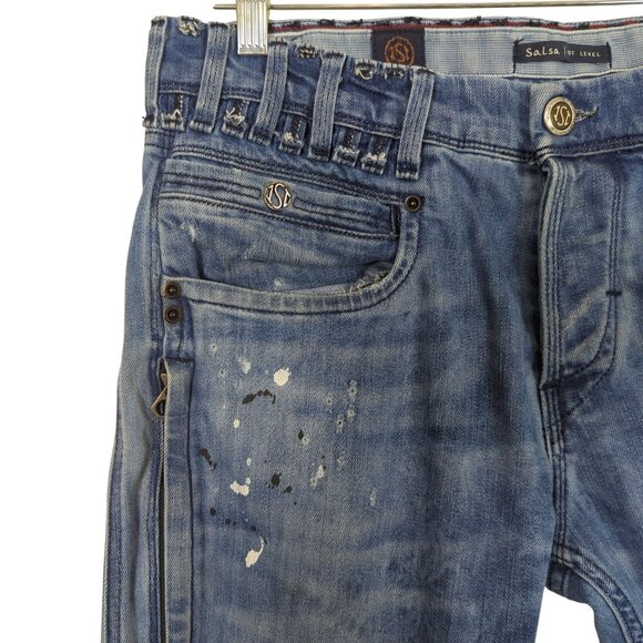 Salsa Jeans Men’s W33 L32 Blue Distressed Paint Splatter Slim Fit Button Fly - Picture 5 of 16